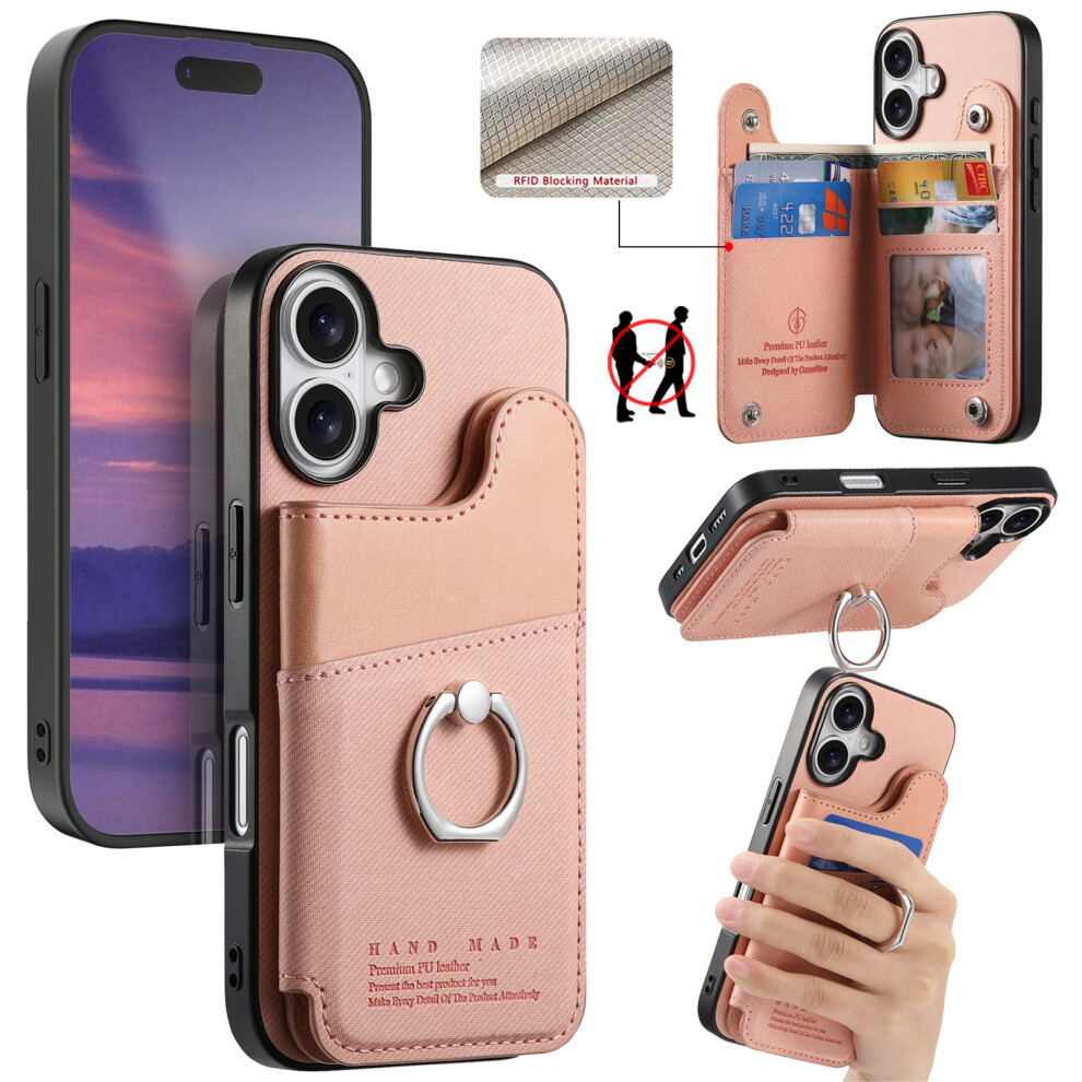 (Iphone 16, ) For Iphone 16 Case With Card Holder Kickstand Leather+Tpu+Pc Phone Cover Pink 6914286140135