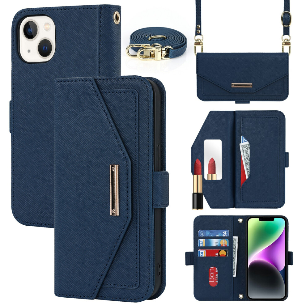 (Iphone 15, ) For Iphone 15 Stand Case Cross Texture Pu Leather Wallet Phone Cover With Shoulder Strap/Makeup Mirror Blue 6914284210410