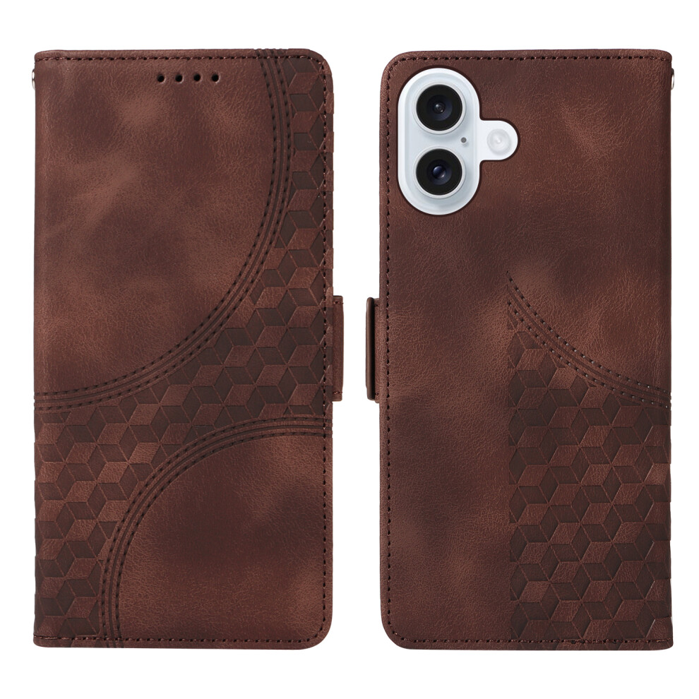 (Iphone 17, ) For Iphone 17 Leather Cases Wallet Rhombus Imprinted Phone Cover Stand With Strap Brown 6914285305948