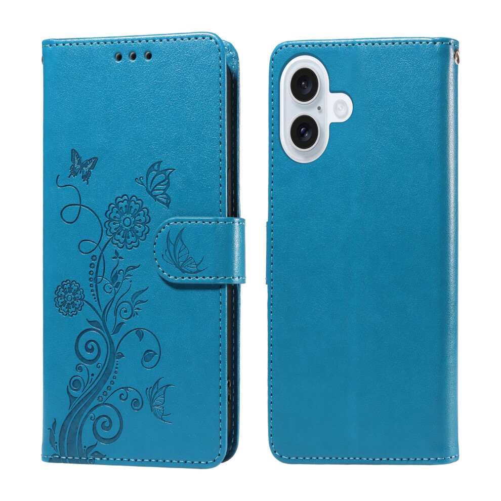 (Iphone 17, ) For Iphone 17 Leather Case Butterfly Floral Imprint Wallet Stand Cover Blue 6914287531208