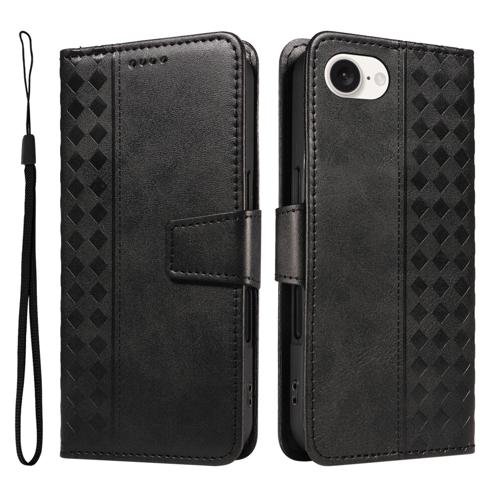 (Iphone 16E, ) For Iphone 16E Leather Case Wallet Stand Grids Imprinted Phone Cover With Strap Black 6914286864130