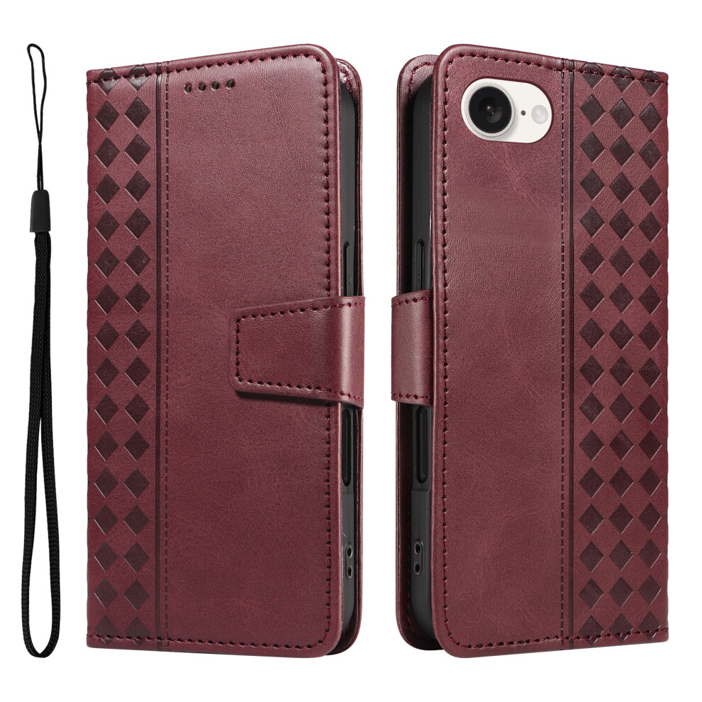 (Iphone 16E, Wine ) For Iphone 16E Leather Case Wallet Stand Grids Imprinted Phone Cover With Strap Red 6914286104564