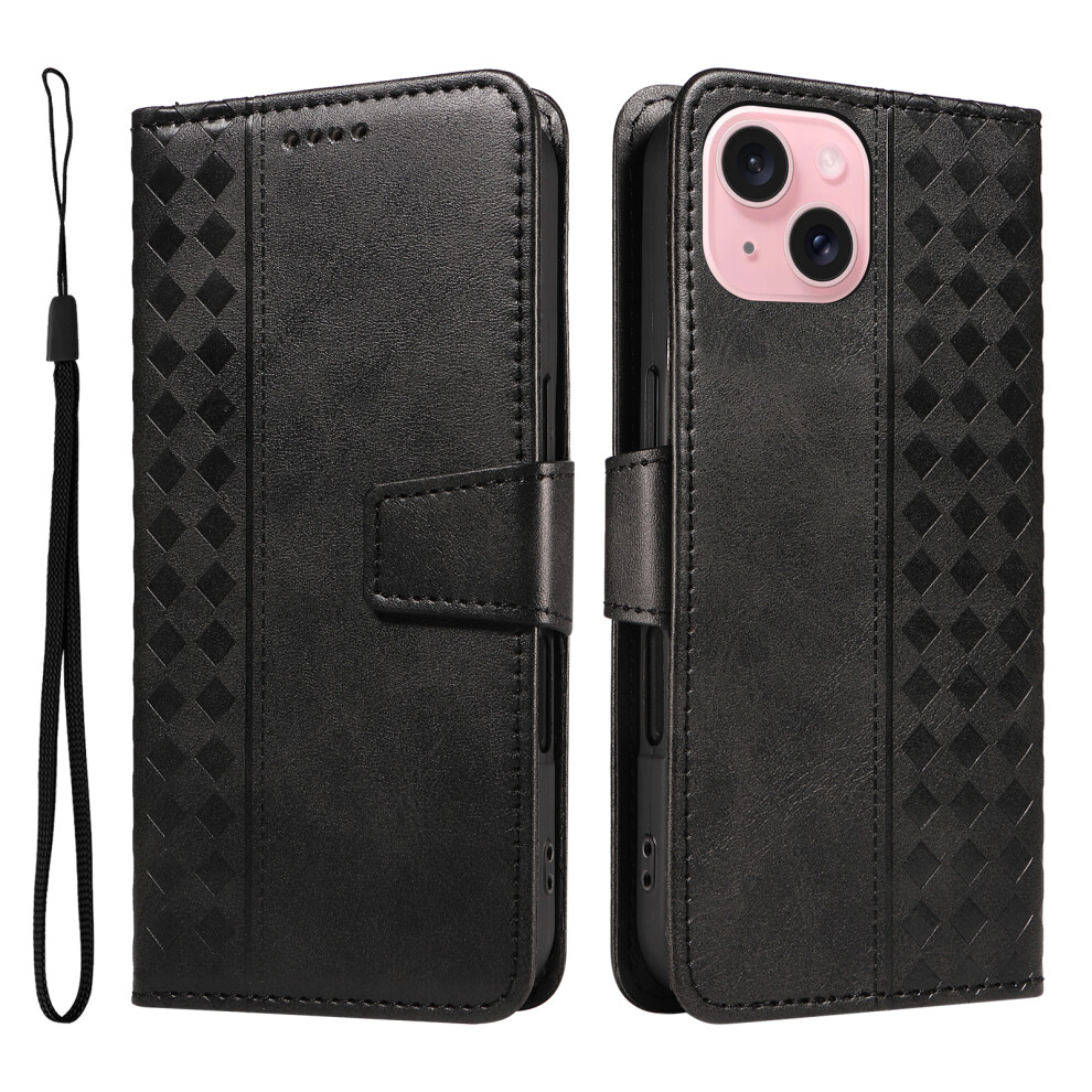 (Iphone 15, ) For Iphone 15 Leather Case Wallet Stand Grids Imprinted Phone Cover With Strap Black 6914281880647