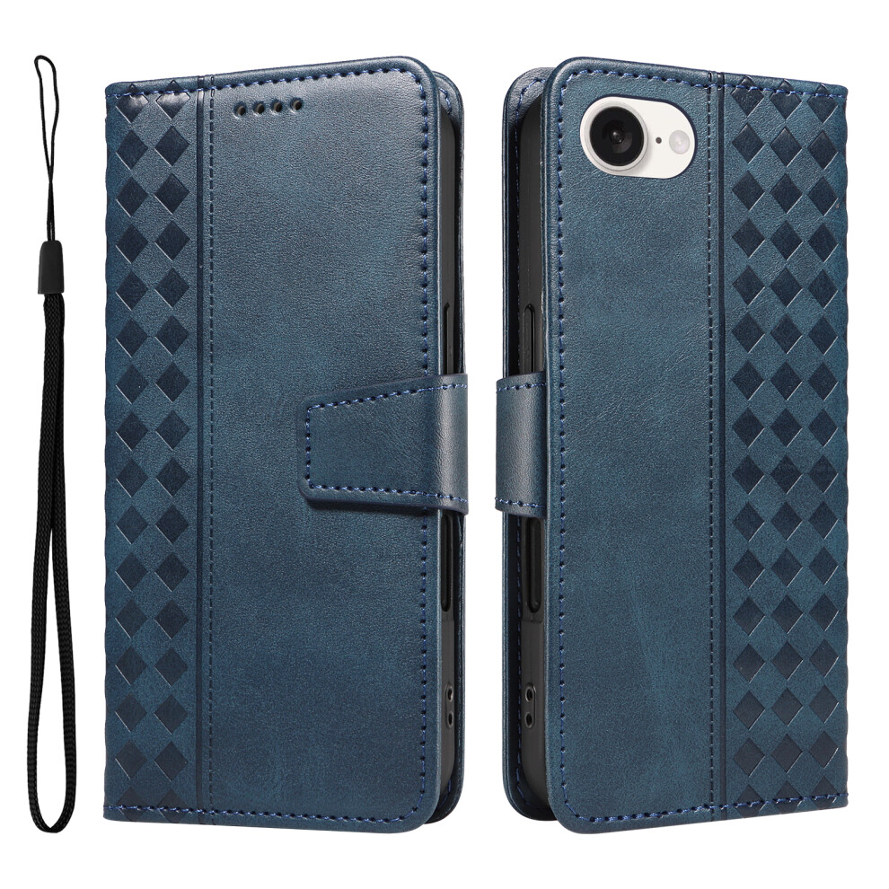 (Iphone 16E, ) For Iphone 16E Leather Case Wallet Stand Grids Imprinted Phone Cover With Strap Blue 6914282650362