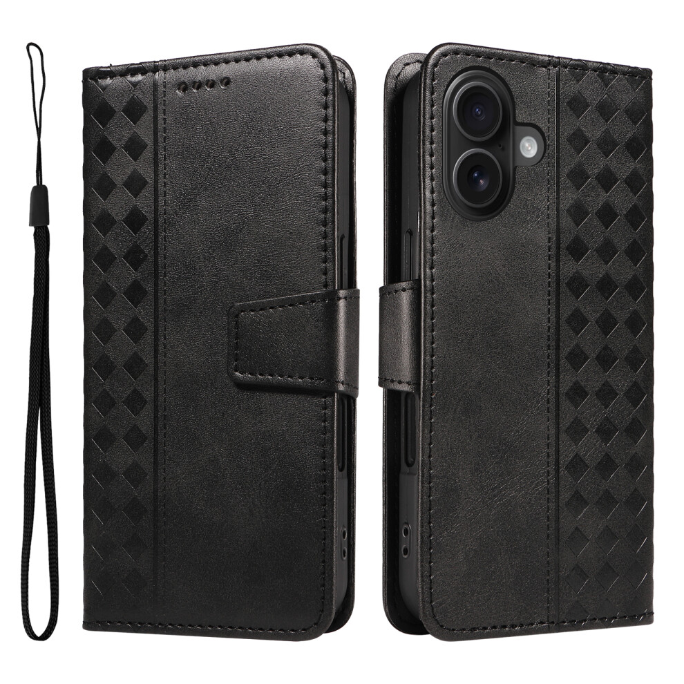 (Iphone 16, ) For Iphone 16 Leather Case Wallet Stand Grids Imprinted Phone Cover With Strap Black 6914287064331