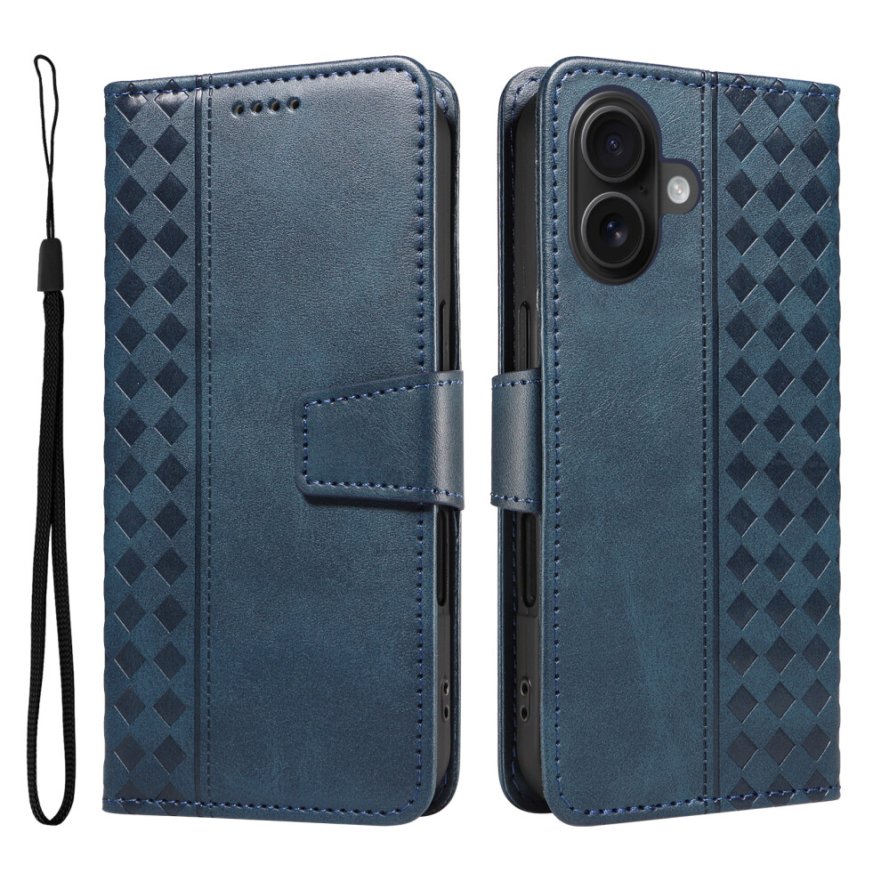 (Iphone 16, ) For Iphone 16 Leather Case Wallet Stand Grids Imprinted Phone Cover With Strap Blue 6914285992087