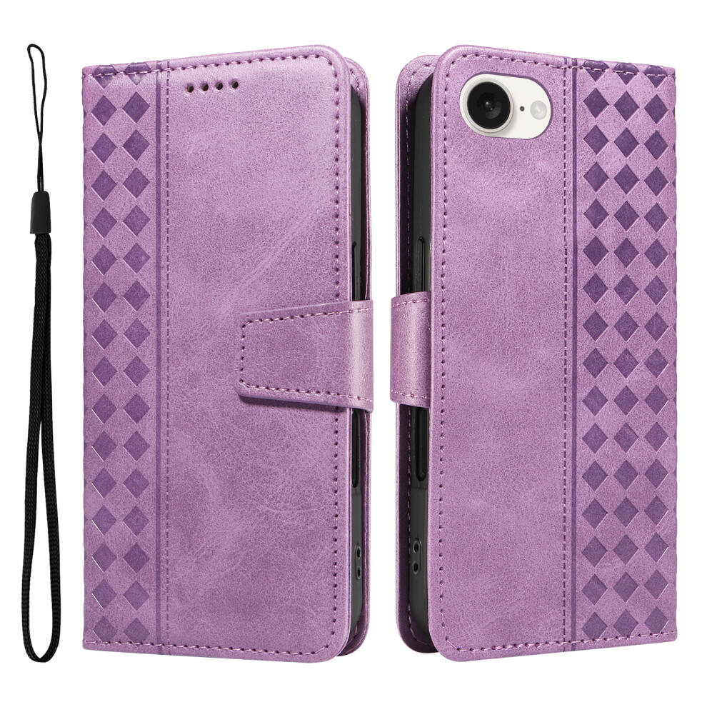 (Iphone 16E, Light ) For Iphone 16E Leather Case Wallet Stand Grids Imprinted Phone Cover With Strap Purple 6914280117355