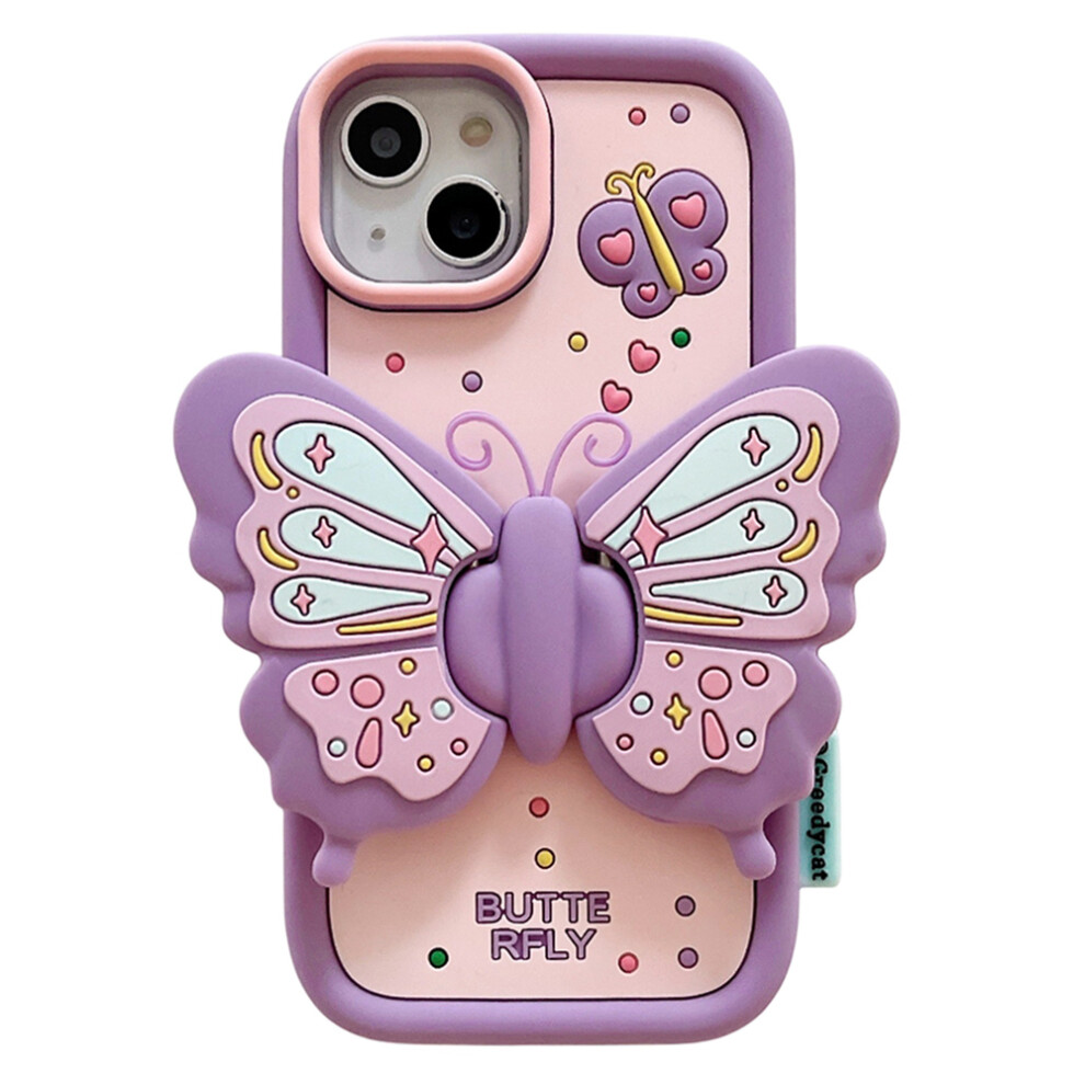 (Iphone 15, ) For Iphone 15 Silicone Case Cute Butterfly Kickstand Design Shockproof Phone Back Cover Purple 6914288942737