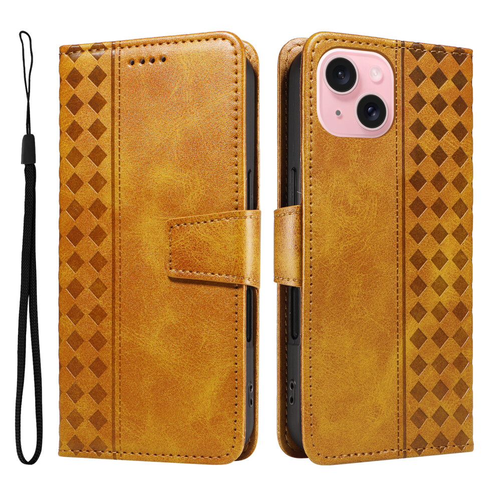 (Iphone 15, ) For Iphone 15 Leather Case Wallet Stand Grids Imprinted Phone Cover With Strap Yellow 6914282384311