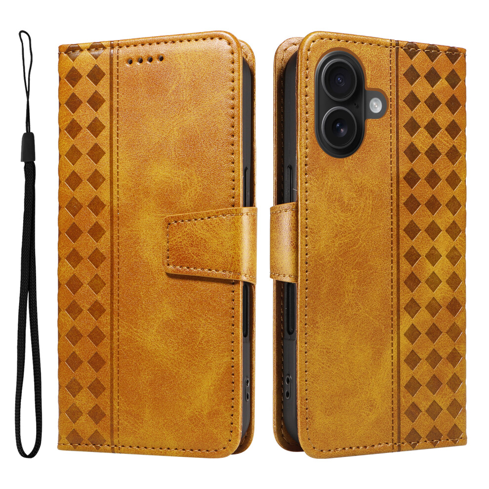 (Iphone 16, ) For Iphone 16 Leather Case Wallet Stand Grids Imprinted Phone Cover With Strap Yellow 6914287943926