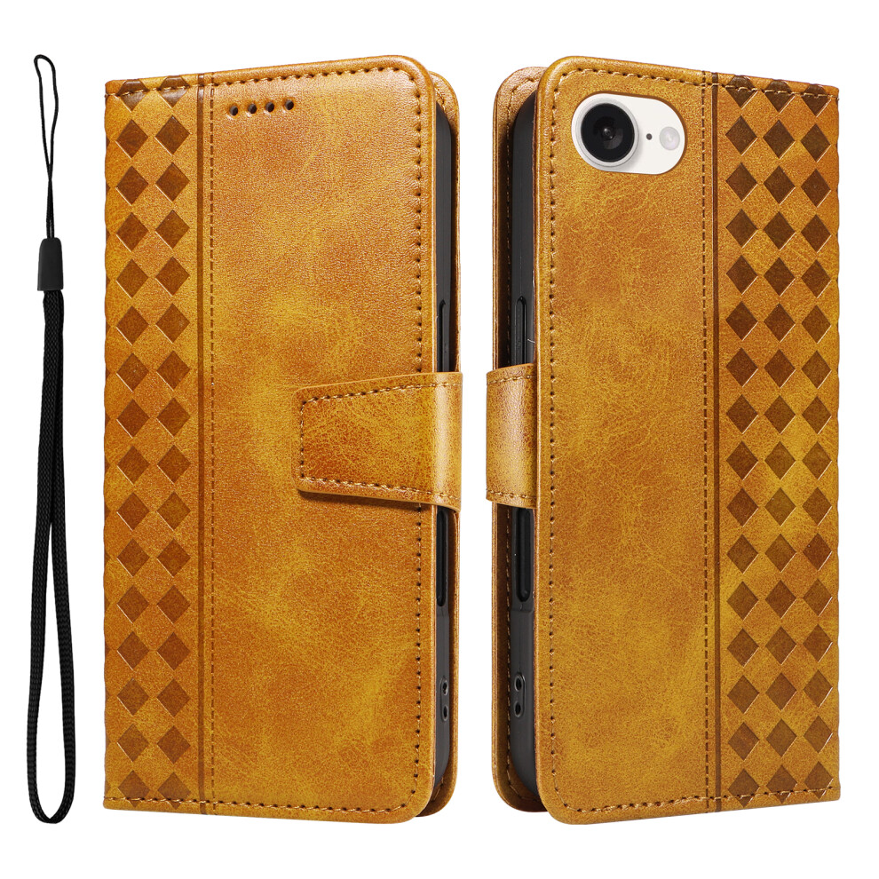 (Iphone 16E, ) For Iphone 16E Leather Case Wallet Stand Grids Imprinted Phone Cover With Strap Yellow 6914282404033