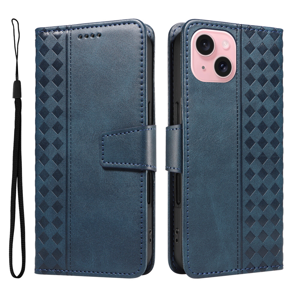 (Iphone 15, ) For Iphone 15 Leather Case Wallet Stand Grids Imprinted Phone Cover With Strap Blue 6914281424537