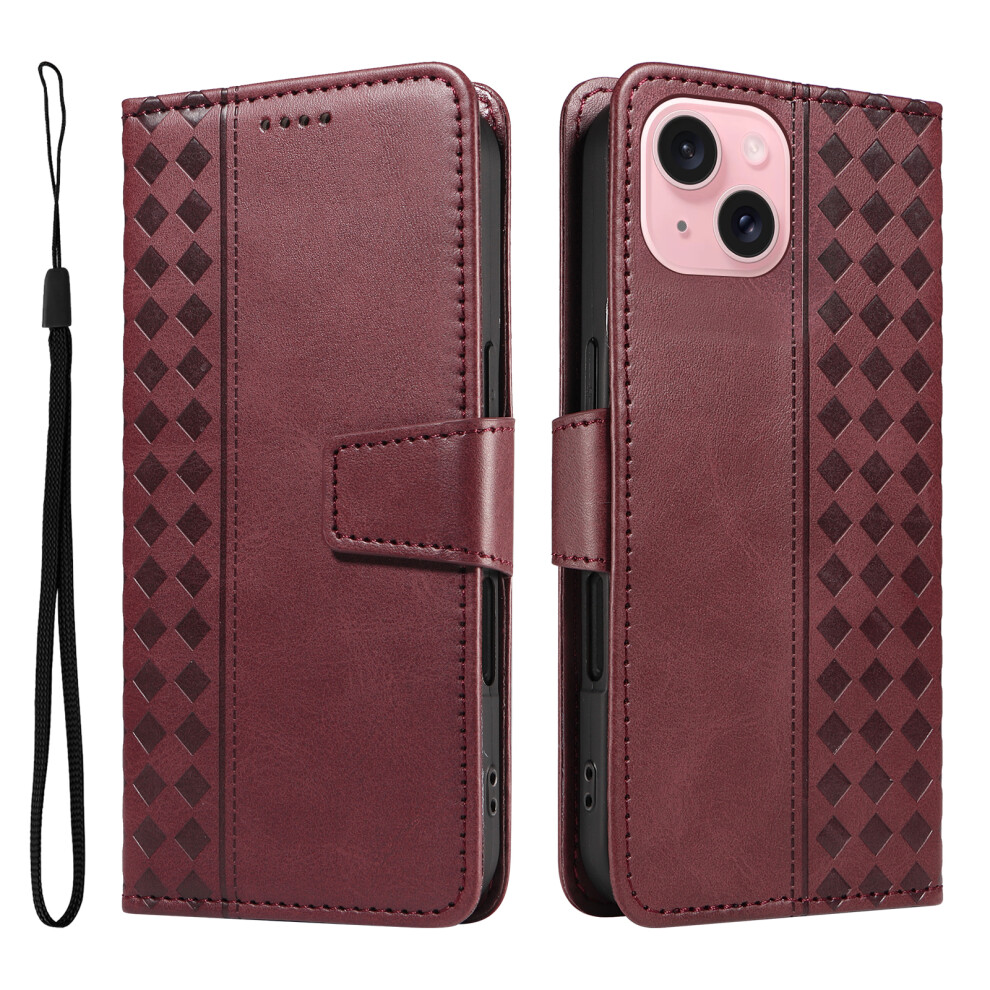 (Iphone 15, Wine ) For Iphone 15 Leather Case Wallet Stand Grids Imprinted Phone Cover With Strap Red 6914287077294