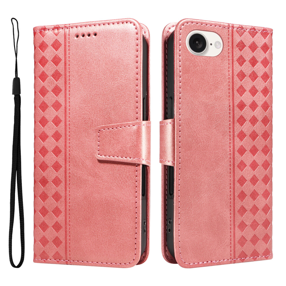 (Iphone 16E, Rose ) For Iphone 16E Leather Case Wallet Stand Grids Imprinted Phone Cover With Strap Gold 6914284040239