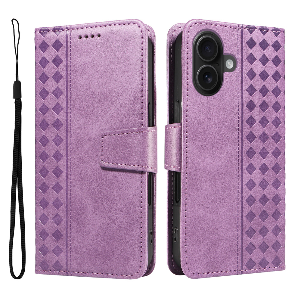 (Iphone 16, Light ) For Iphone 16 Leather Case Wallet Stand Grids Imprinted Phone Cover With Strap Purple 6914288024105