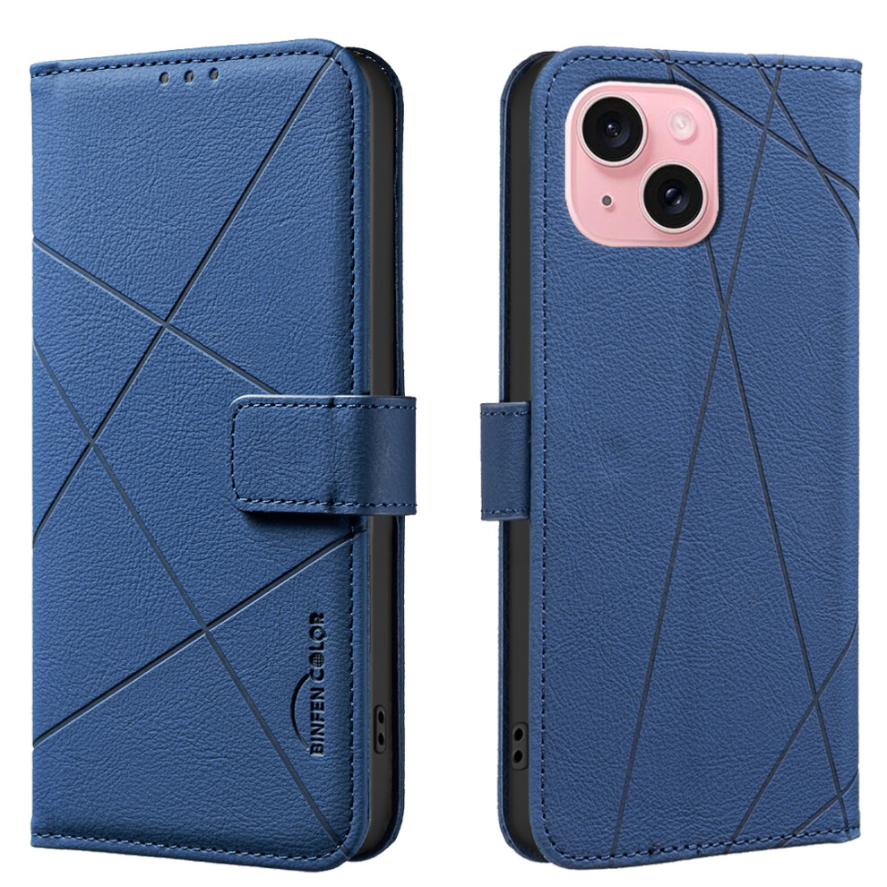 (Iphone 15, ) For Iphone 15 Case Binfen Color Bf35 Geometry Imprinted Leather Phone Cover Rfid Blocking Wallet Stand Blue 6914288583718