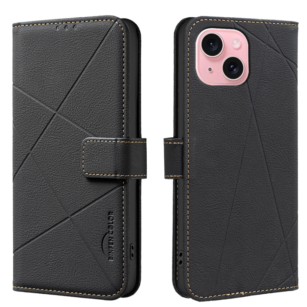 (Iphone 15, ) For Iphone 15 Case Binfen Color Bf35 Geometry Imprinted Leather Phone Cover Rfid Blocking Wallet Stand Black 6914284332099