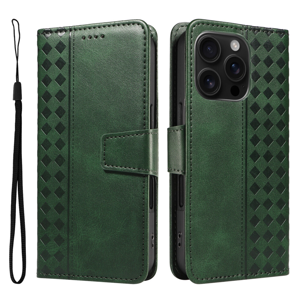 (Iphone 16 Pro, ) For Iphone 16 Pro Leather Case Wallet Stand Grids Imprinted Phone Cover With Strap Green 6914289895773