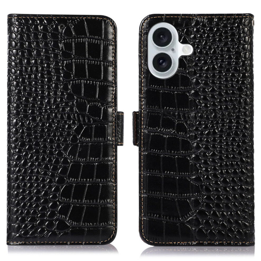 (Iphone 17, ) For Iphone 17 Case Crocodile Texture Genuine Cow Leather Phone Wallet Cover Black 6914289424386