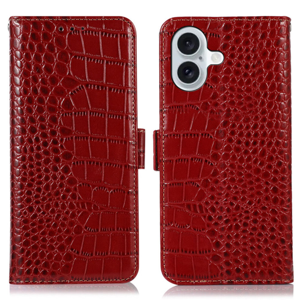 (Iphone 17, ) For Iphone 17 Case Crocodile Texture Genuine Cow Leather Phone Wallet Cover Red 6914287122116
