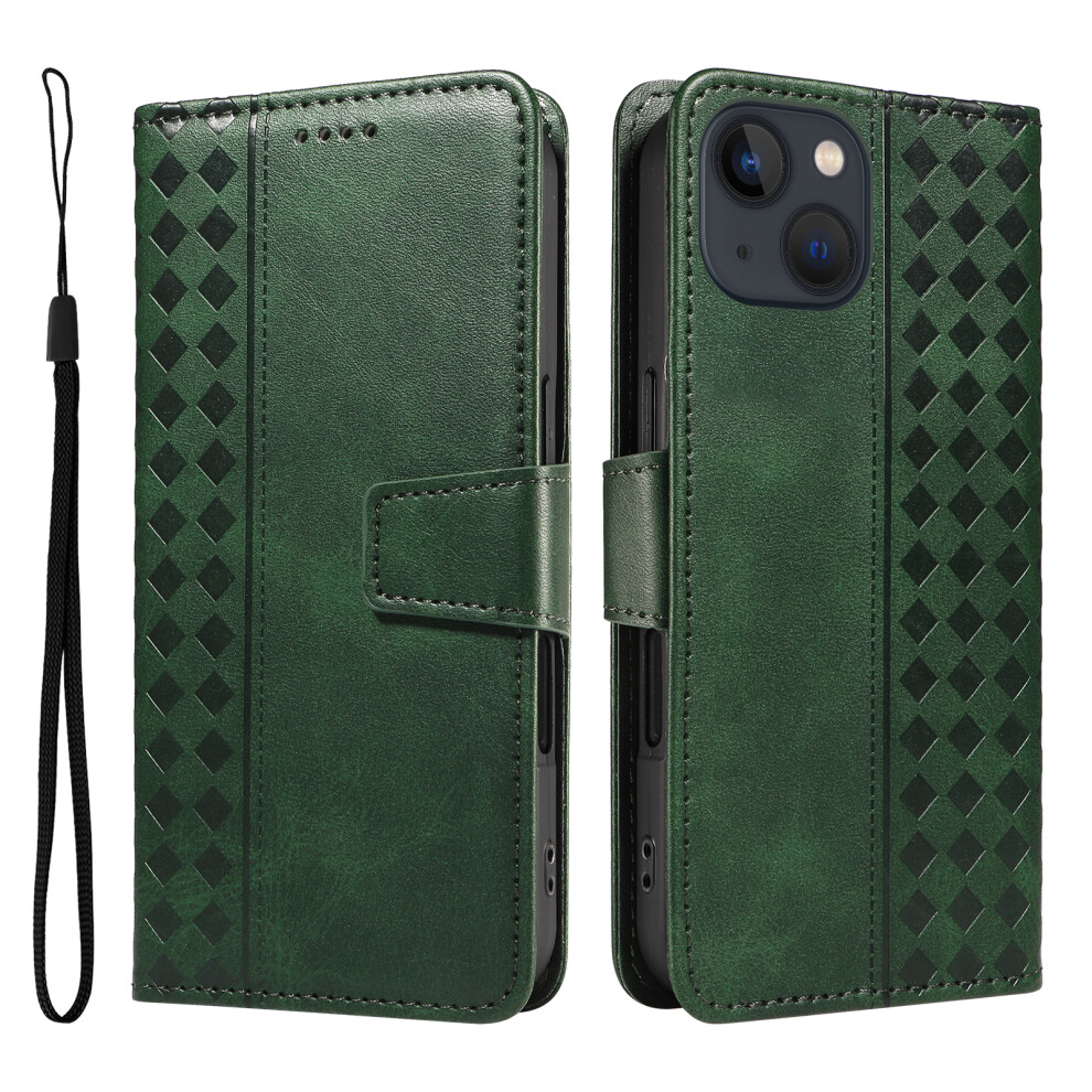 (Iphone 14, ) For Iphone 14 Leather Case Wallet Stand Grids Imprinted Phone Cover With Strap Green 6914281357255