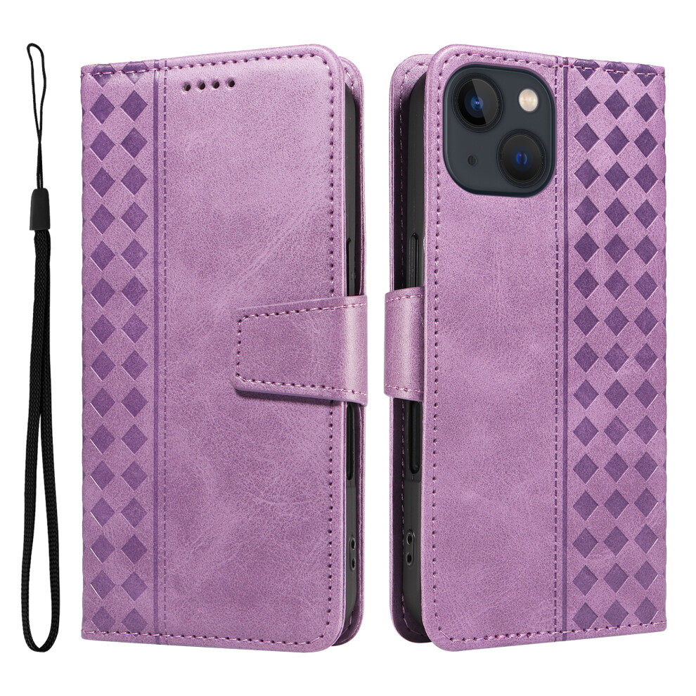 (Iphone 14, Light ) For Iphone 14 Leather Case Wallet Stand Grids Imprinted Phone Cover With Strap Purple 6914289797534