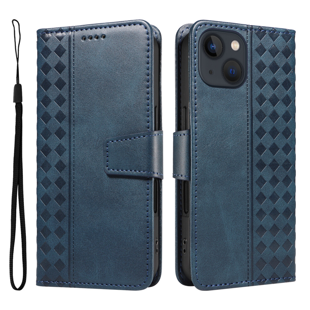 (Iphone 14, ) For Iphone 14 Leather Case Wallet Stand Grids Imprinted Phone Cover With Strap Blue 6914288837767