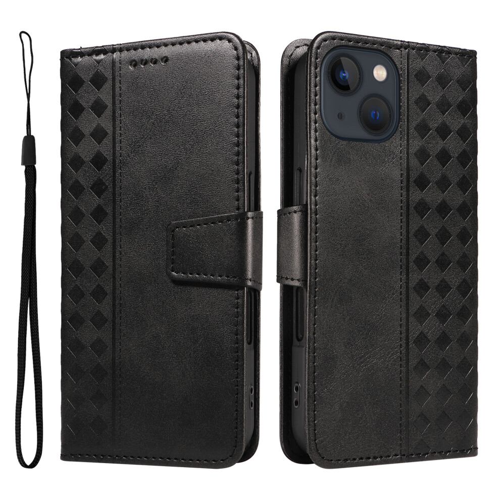 (Iphone 14, ) For Iphone 14 Leather Case Wallet Stand Grids Imprinted Phone Cover With Strap Black 6914281445402