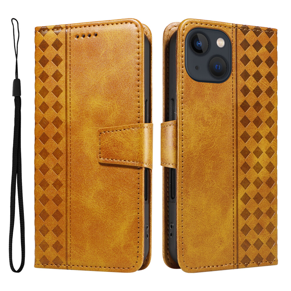 (Iphone 14, ) For Iphone 14 Leather Case Wallet Stand Grids Imprinted Phone Cover With Strap Yellow 6914283309108