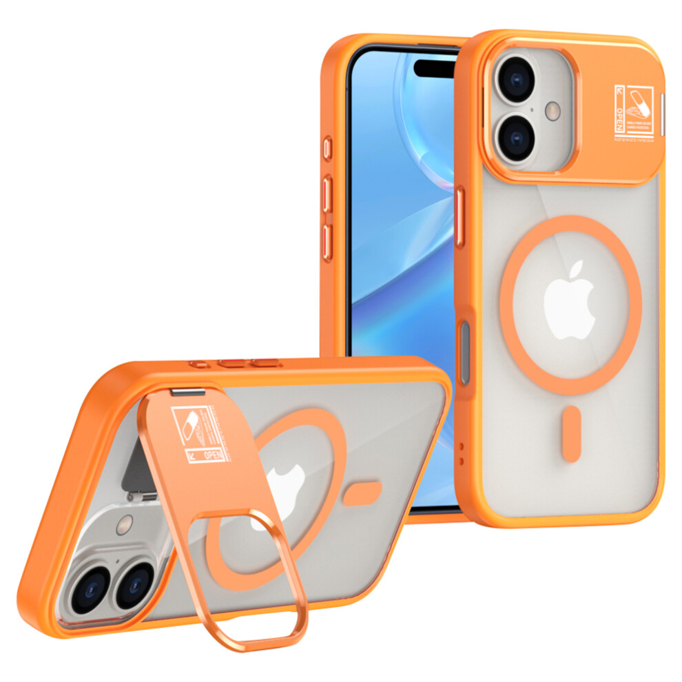 (Iphone 16, ) For Iphone 16 Magnetic Case Tpu+Acrylic Kickstand Phone Cover With Glass Lens Film Orange 6914284905699
