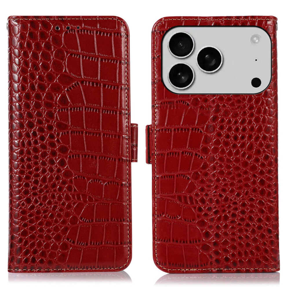 (Iphone 17 Pro, ) For Iphone 17 Pro Case Crocodile Texture Genuine Cow Leather Phone Wallet Cover Red 6914282796930
