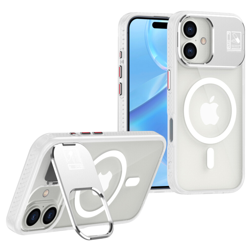 (Iphone 16, ) For Iphone 16 Magnetic Case Tpu+Acrylic Kickstand Phone Cover With Glass Lens Film White 6914281656037