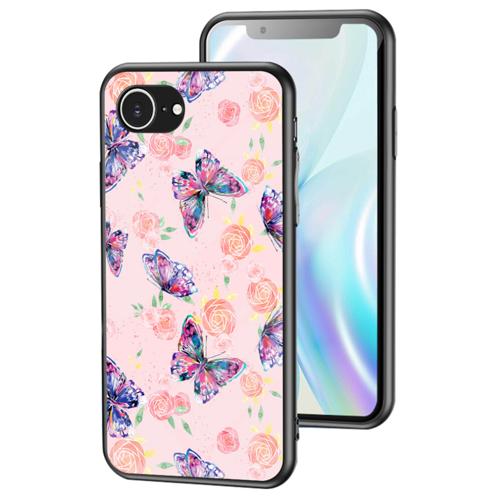 (Iphone 16E, Rose Butterfly) For Iphone 16E Case Butterfly Pattern Tpu+Tempered Glass Protective Phone Cover 6914280842936