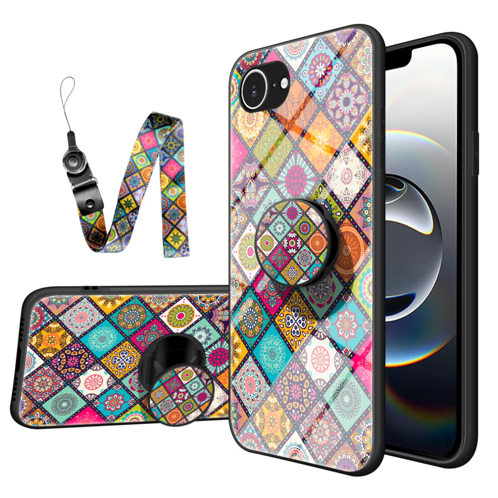 (Iphone 16E, Checkered Pattern) For Iphone 16E Case Kickstand Ethnic Pattern Tempered Glass Phone Cover With Strap 6914284430986