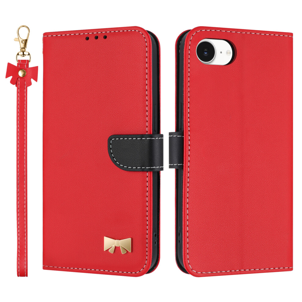 (Iphone 16E, ) For Iphone 16E Case Bowknot Decor Wallet Leather Phone Cover With Wrist Strap Red 6914287149717