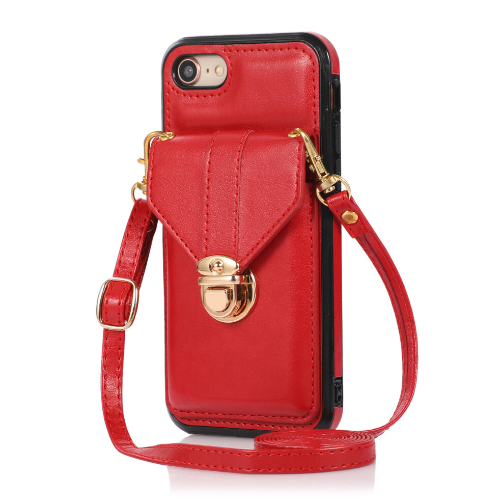 (Iphone 16E, ) For Iphone 16E Case Card Holder Kickstand Pu Leather+Tpu Phone Cover With Shoulder Strap Red 6914287909571