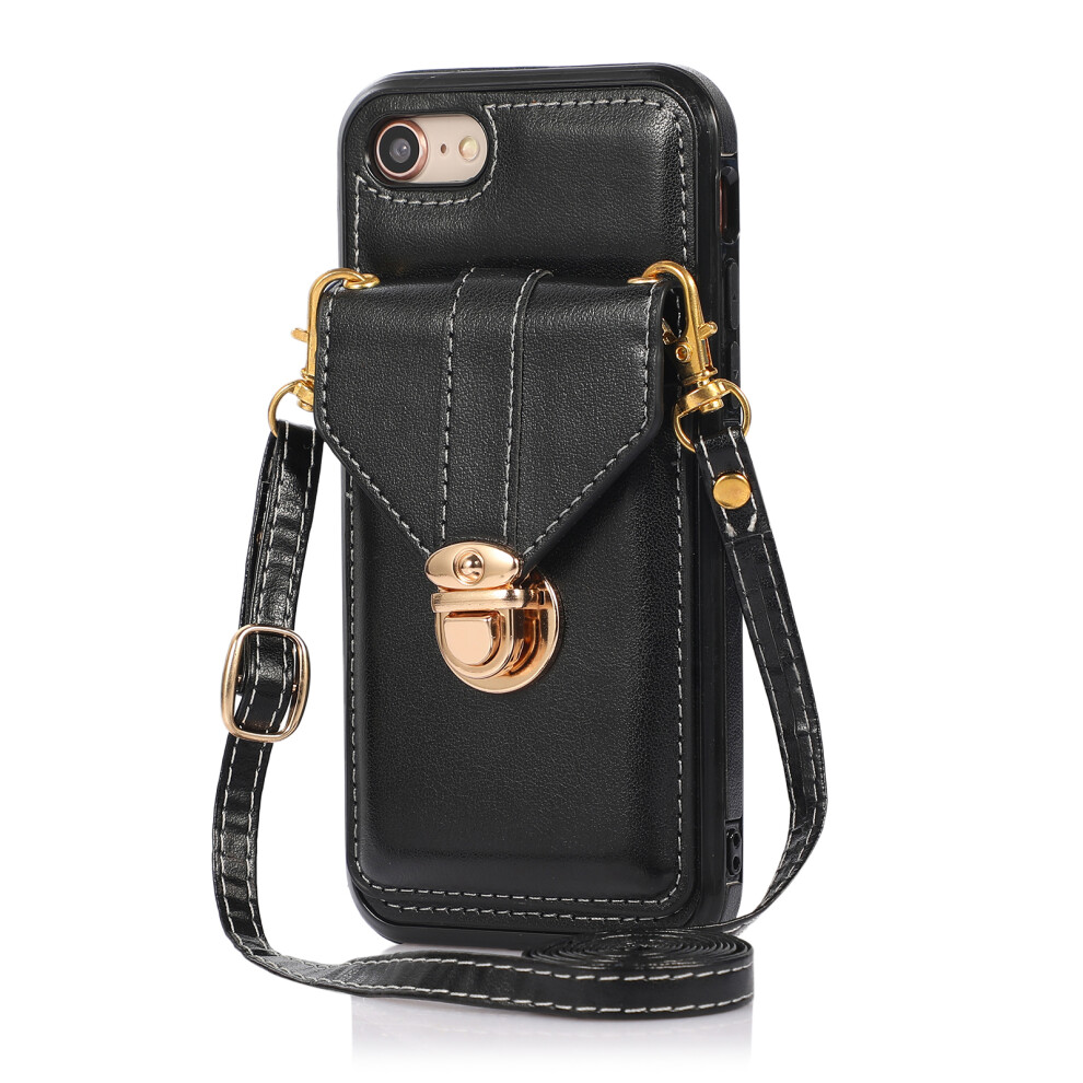 (Iphone 16E, ) For Iphone 16E Case Card Holder Kickstand Pu Leather+Tpu Phone Cover With Shoulder Strap Black 6914286273376