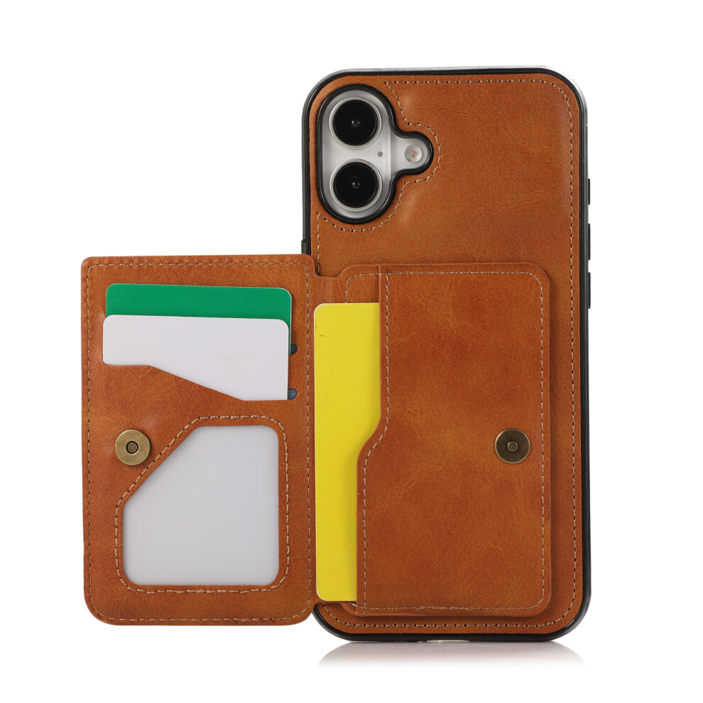 (Iphone 16, ) For Iphone 16 Case Card Holder Kickstand Pu Leather+Tpu Phone Cover Brown 6914287790315