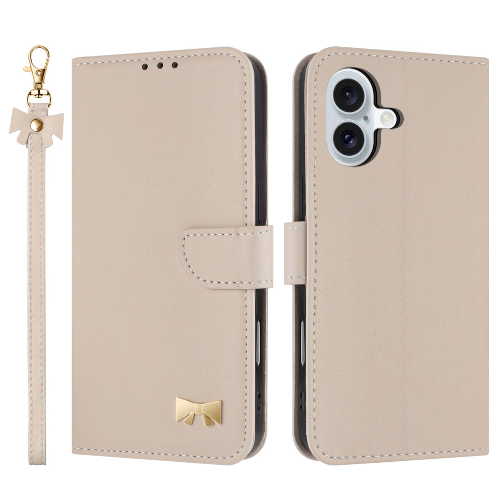 (Iphone 16, Khaki) For Iphone 16 Case Bowknot Decor Wallet Leather Phone Cover With Wrist Strap 6914282893066