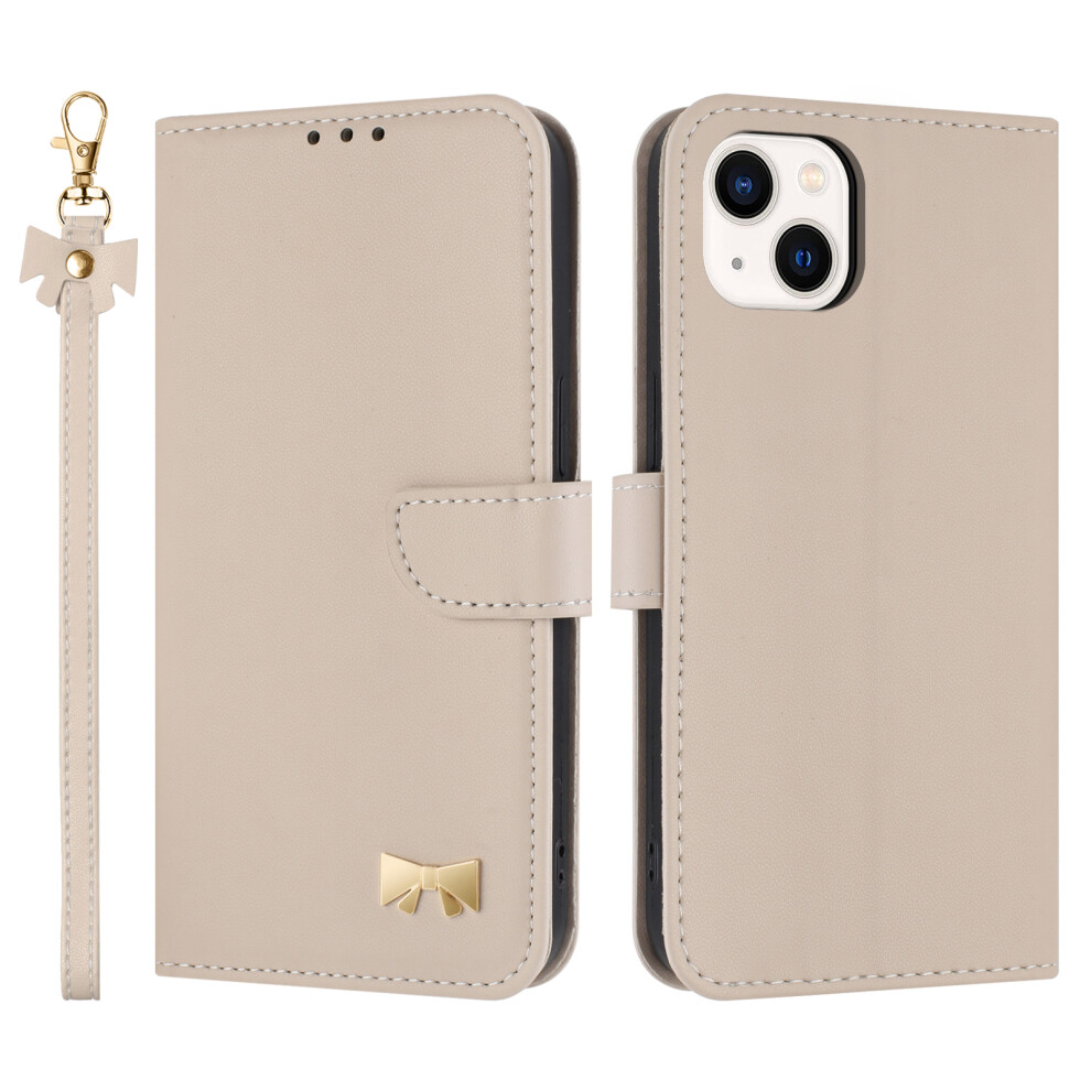(Iphone 14, Khaki) For Iphone 14/13 Case Bowknot Decor Wallet Leather Phone Cover With Wrist Strap 6914287953789