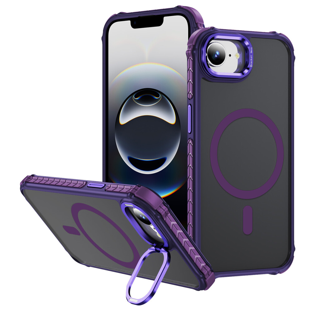 (Iphone 16E, ) For Iphone 16E Case With Lens Kickstand Matte Phone Back Cover Compatible With Magsafe Purple 6914280533582