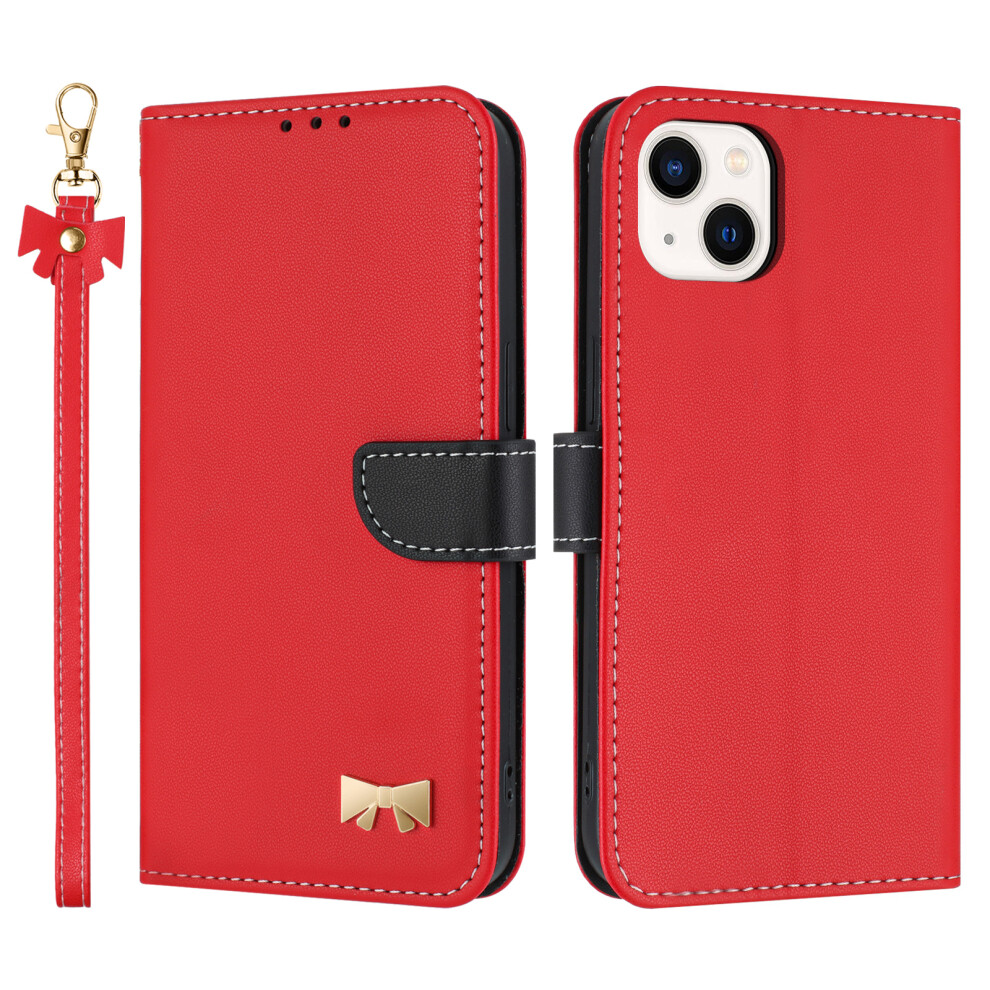 (Iphone 14, ) For Iphone 14/13 Case Bowknot Decor Wallet Leather Phone Cover With Wrist Strap Red 6914286317582