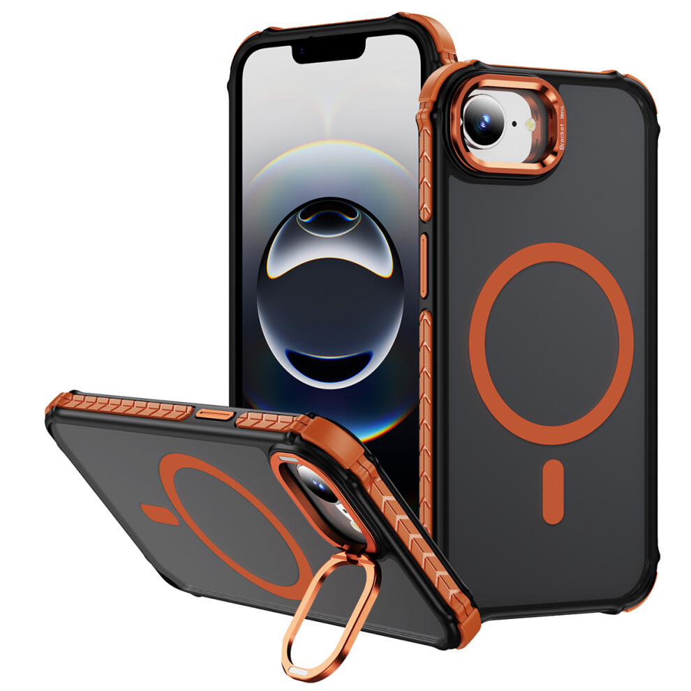 (Iphone 16E, ) For Iphone 16E Case With Lens Kickstand Matte Phone Back Cover Compatible With Magsafe Orange 6914284209735