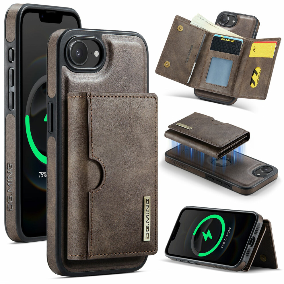 (Iphone 16E, Coffee) Dg.ming M6 Series For Iphone 16E Case Magnetic Wallet Pu+Pc+Tpu Phone Cover Brown 6914281420393