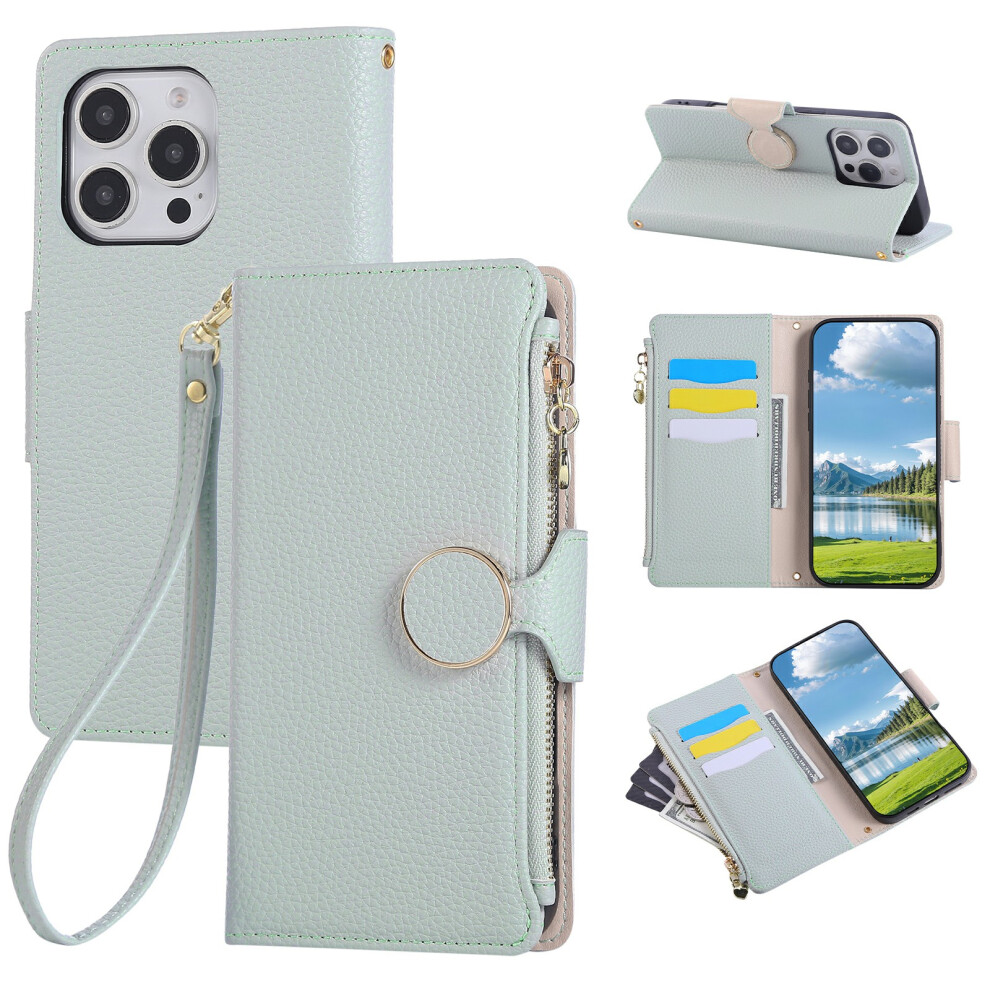 (Iphone 16 Pro, Cyan) For Iphone 16 Pro Case Zipper Wallet Leather Phone Cover With Wrist Strap Blue 6914280754369