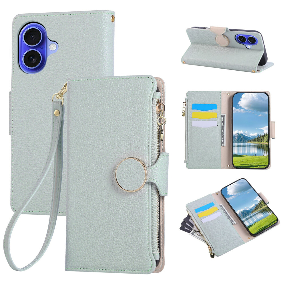 (Iphone 16, Cyan) For Iphone 16 Case Zipper Wallet Leather Phone Cover With Wrist Strap Blue 6914289794595