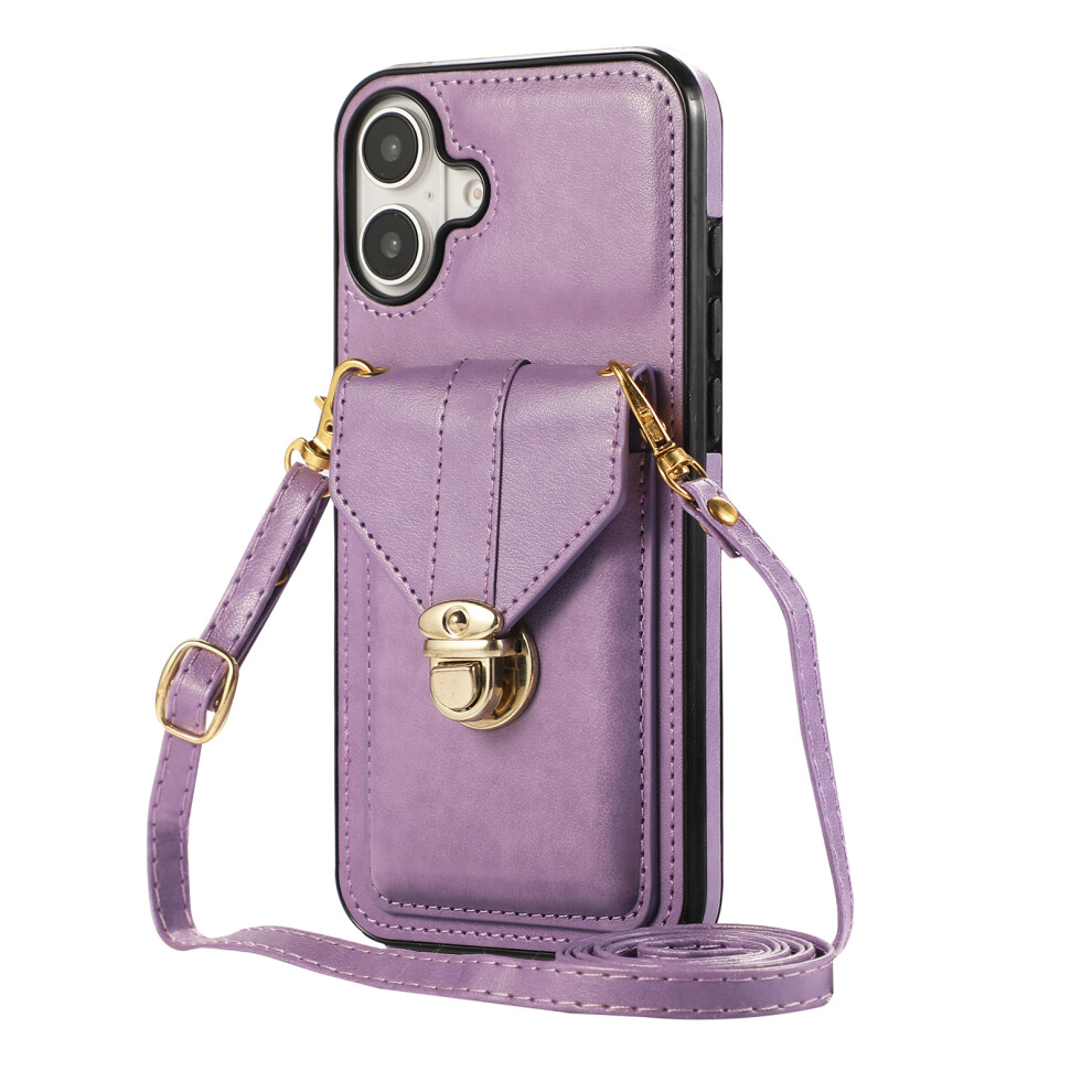 (Iphone 16, ) For Iphone 16 Case Card Holder Kickstand Pu Leather+Tpu Phone Cover With Shoulder Strap Purple 6914280689265