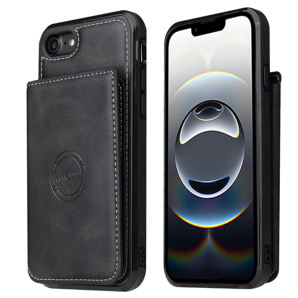 (Iphone 16E, ) For Iphone 16E Case Card Holder Kickstand Pu Leather+Tpu Phone Cover Black 6914281257647