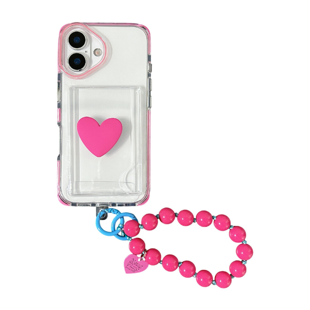 (Iphone 16, Rose) For Iphone 16 Case Card Holder Transparent Pc+Tpu Shockproof Phone Cover With Beaded Wrist Strap 6914286883063