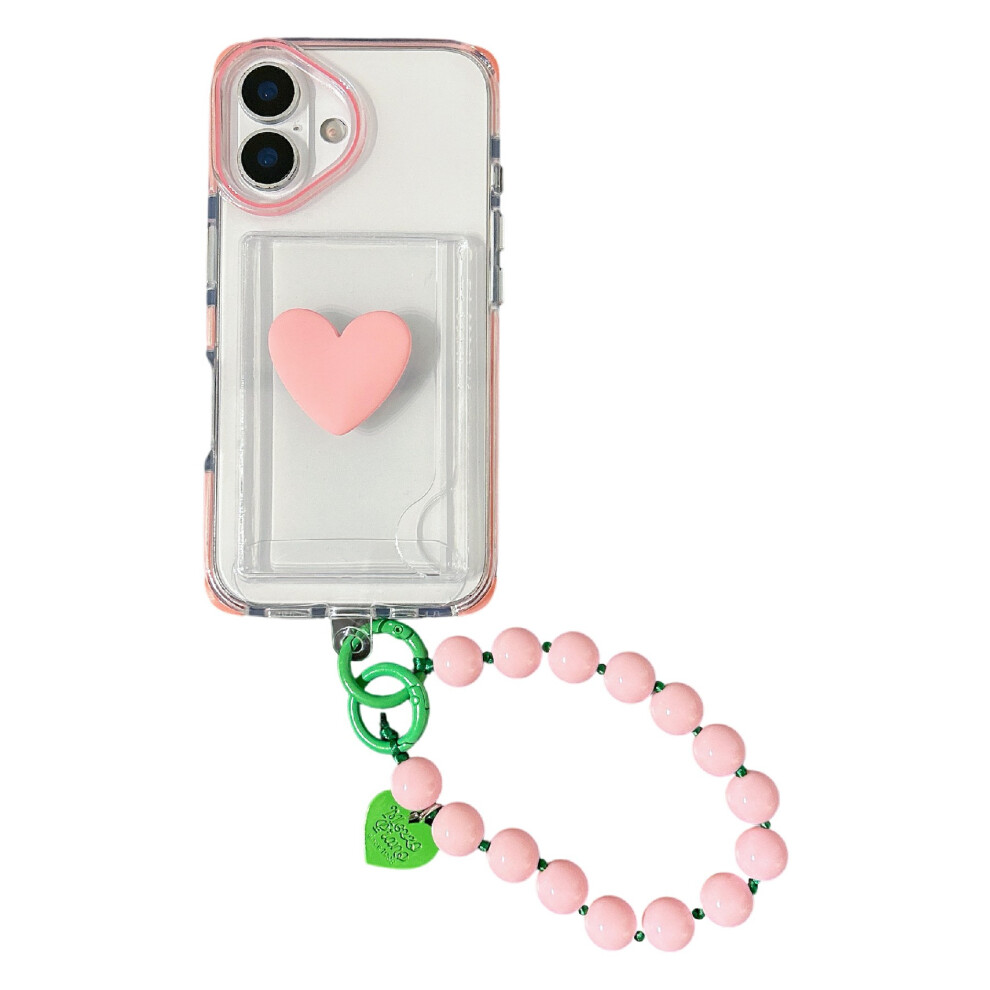 (Iphone 16, ) For Iphone 16 Case Card Holder Transparent Pc+Tpu Shockproof Phone Cover With Beaded Wrist Strap Pink 6914280114736
